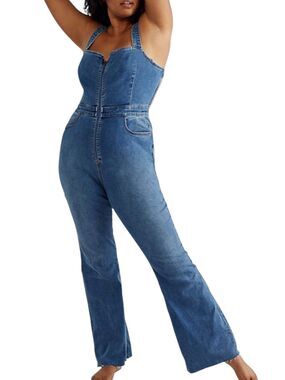 Denim Jumpsuit 12 Zip Front Flare Leg Open Back Corset Y2K Boho CowgirlCore Chic